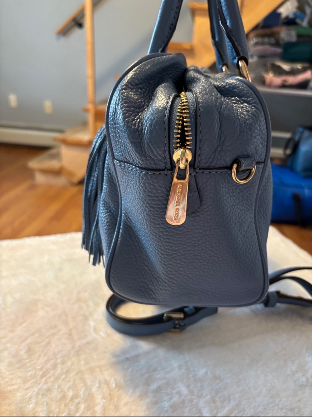 Michael Kors Blue Leather Satchel with Tassel - Picture 3 of 10
